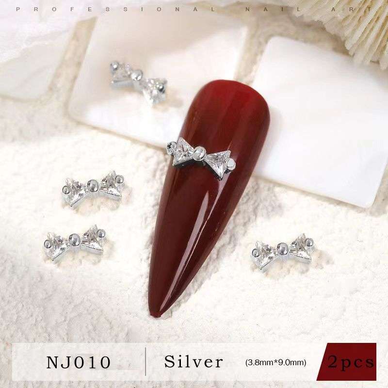 Nail Bow Tie 02# Rhinestone 2pcs - Silver - 3.8x9mm