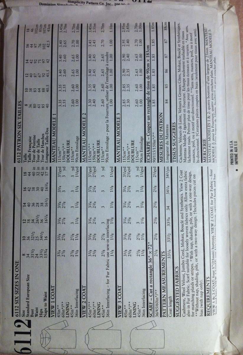 New Look 6112 Coat in 3 Styles. Size 8-18. Complete Uncut F/F