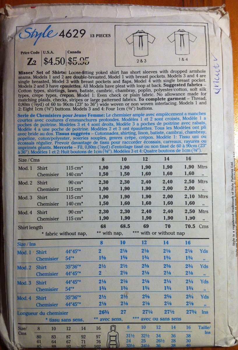 Style 4629 Set of Shirts. Size 8-12. Complete Uncut F/F