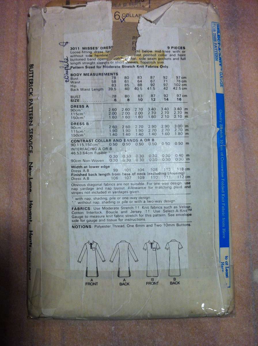 Butterick 3011 Sporty Dress for Knit Fabrics. Size 16. Complete