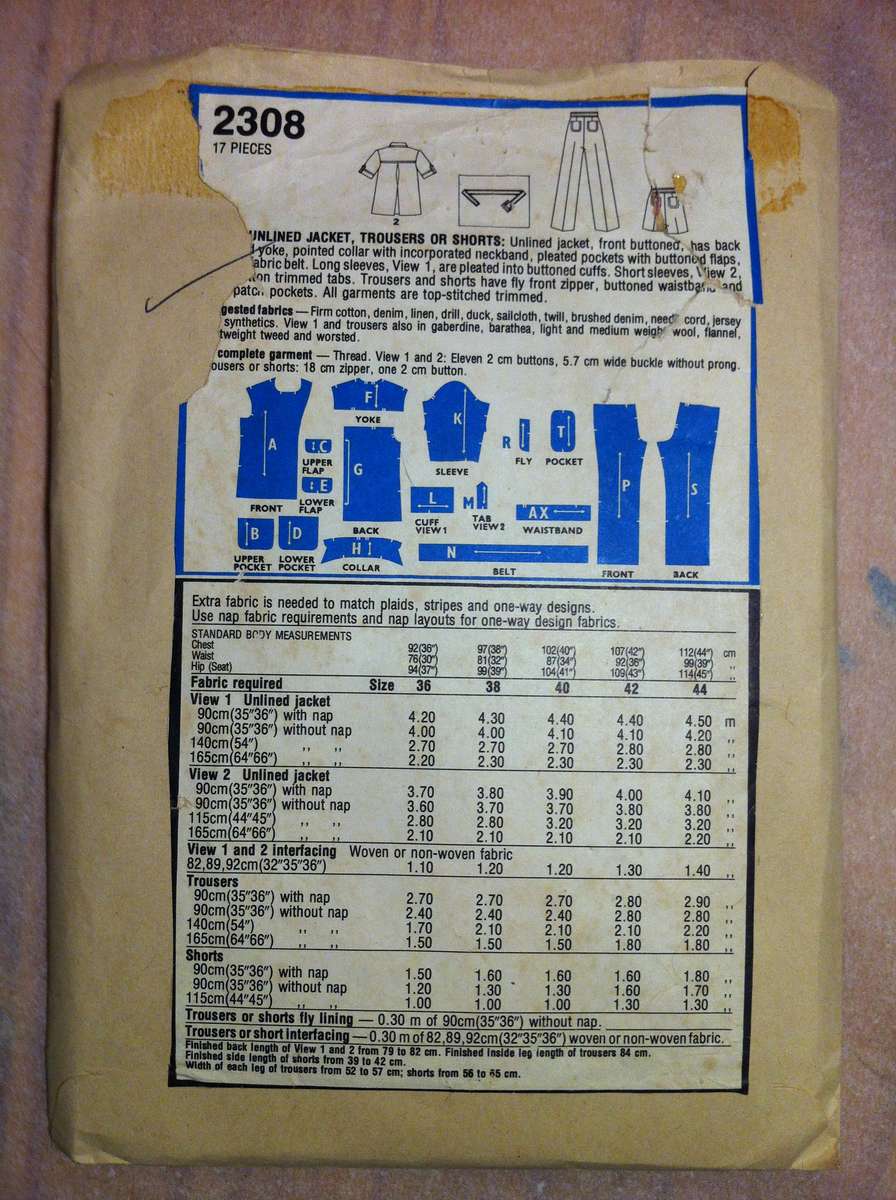 Style 2308 Unlined Jacket, Trousers and Shorts. Size 38. Complete