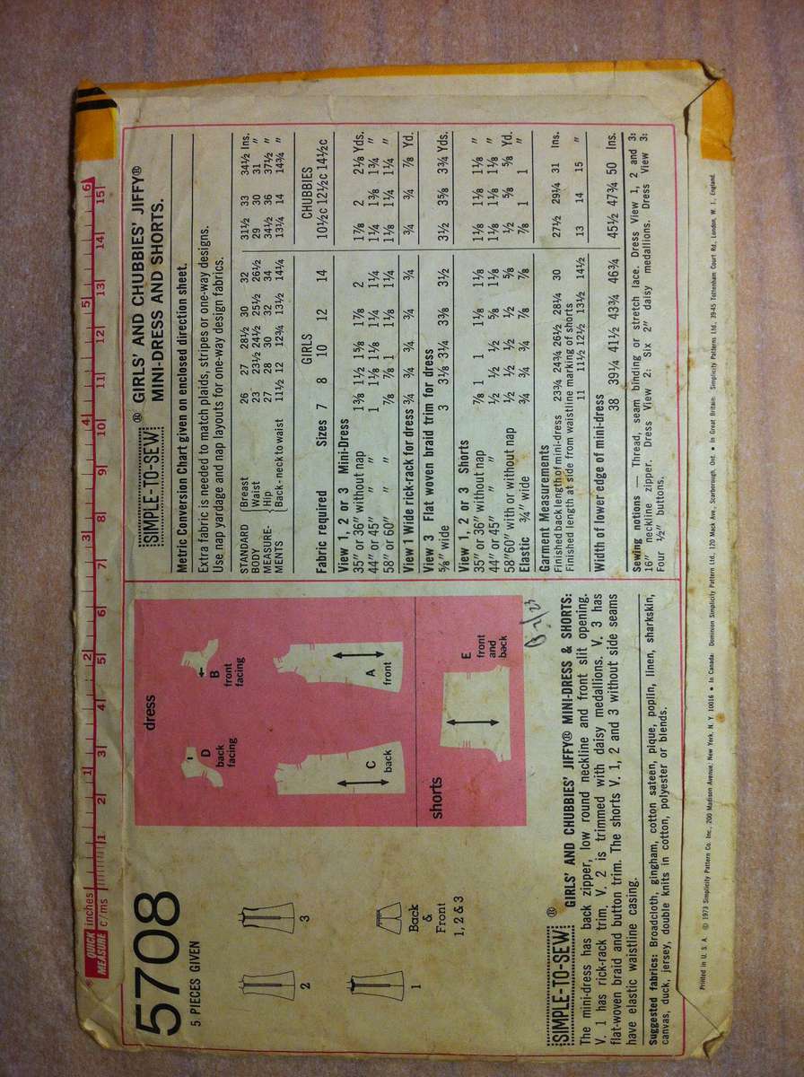 Simplicity 5708 Girls Mini Dress and Shorts. Size 7. Complete