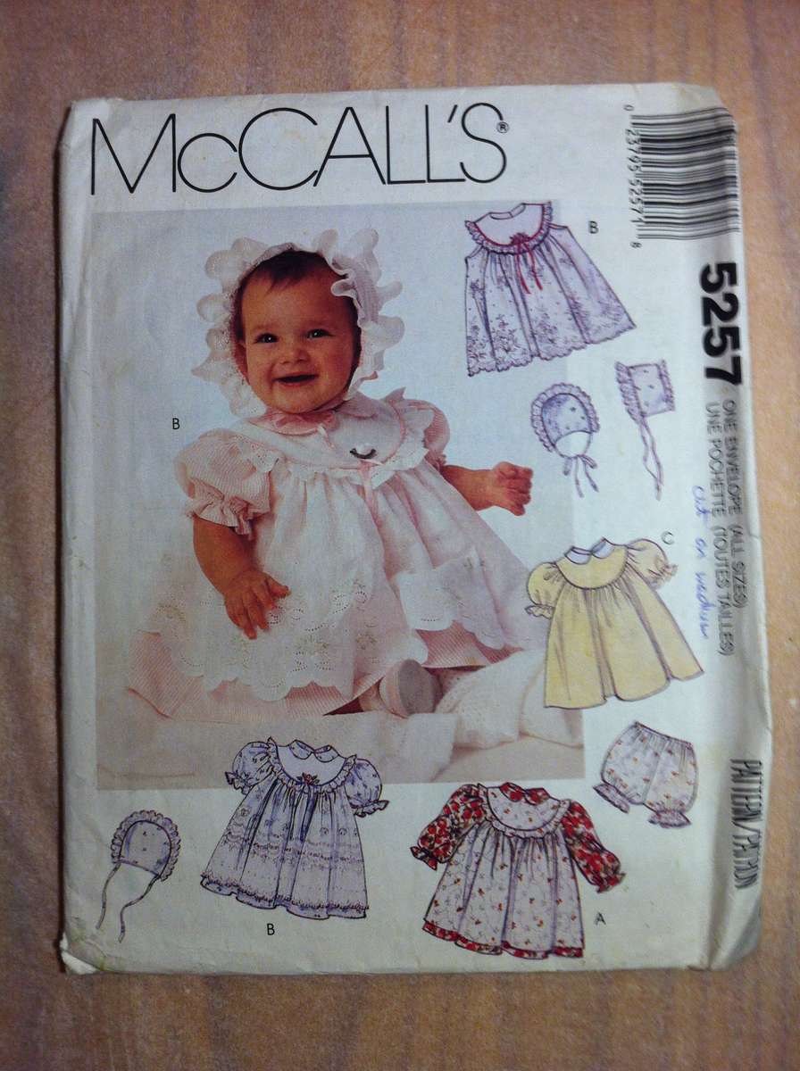McCalls 5257 Infants Pinafore, Dress, Panty & Bonnet. Newborn to Medium. Cut to Med. Complete