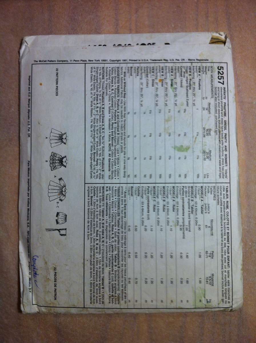 McCalls 5257 Infants Pinafore, Dress, Panty & Bonnet. Newborn to Medium. Cut to Med. Complete