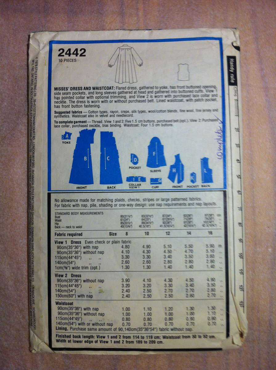 Style 2442 Dress and Waistcoat. Size 12. Complete