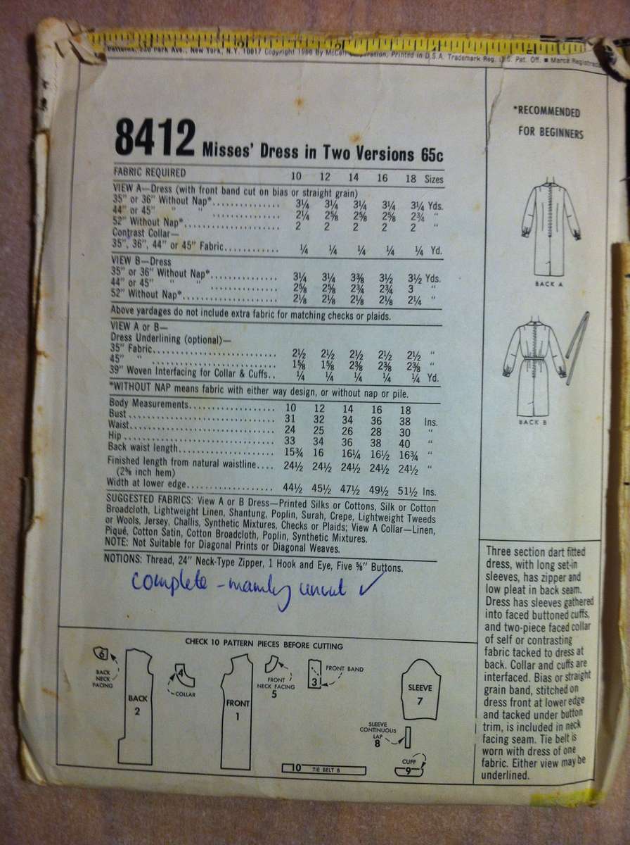 McCalls 8412 Dress in Two Versions. Size 12-14. Complete