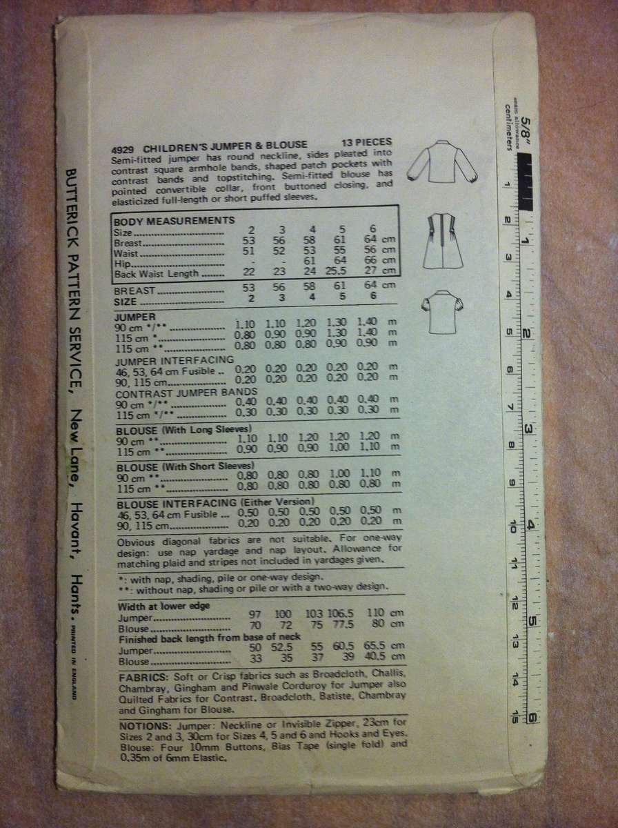 Butterick 4929 Childs Jumper and Blouse. Size 2 / Chest 53 cm. Complete