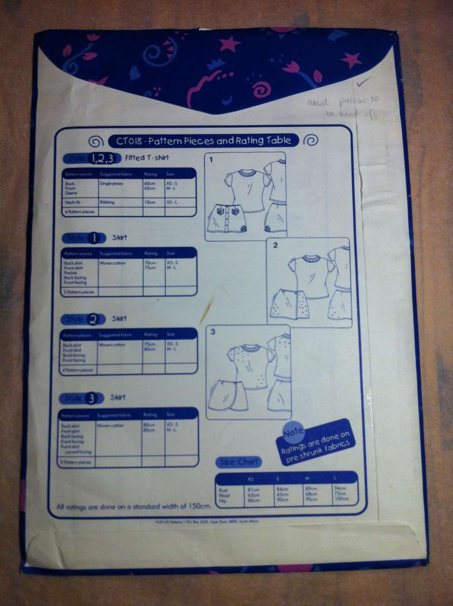 Fun Us CT018 T Shirt & Skirt Pattern. Size XS-L. Sealed envelope