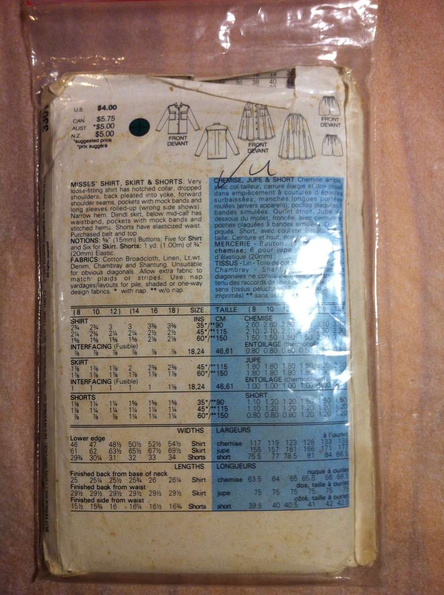 Butterick 3301 Shirt, Skirt & Shorts. Size 8,10,12. Complete, Uncut F/F