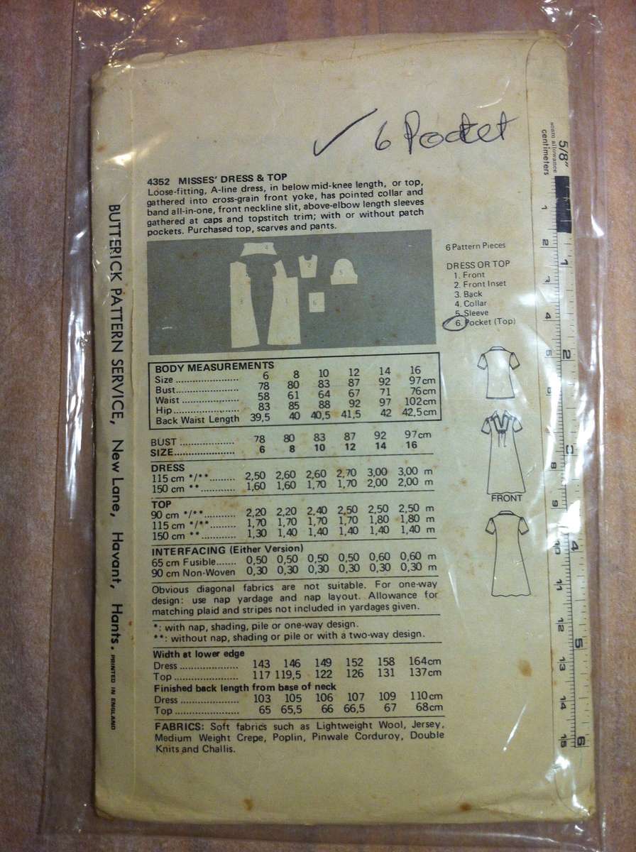 Butterick 4352 Dress & Top. Size 12.  Missing 6/Pocket.