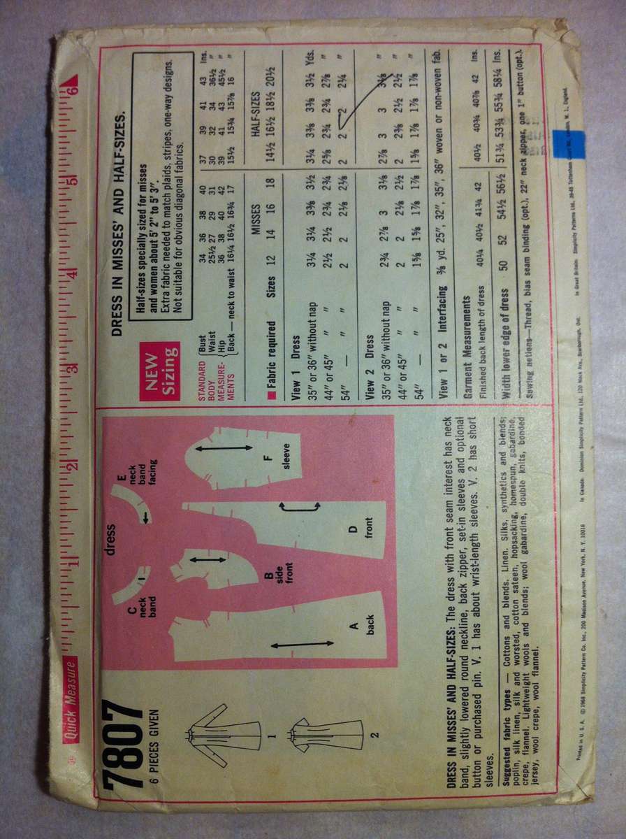 Simplicity 7807 Dress with Front Seam. Size 14. Complete