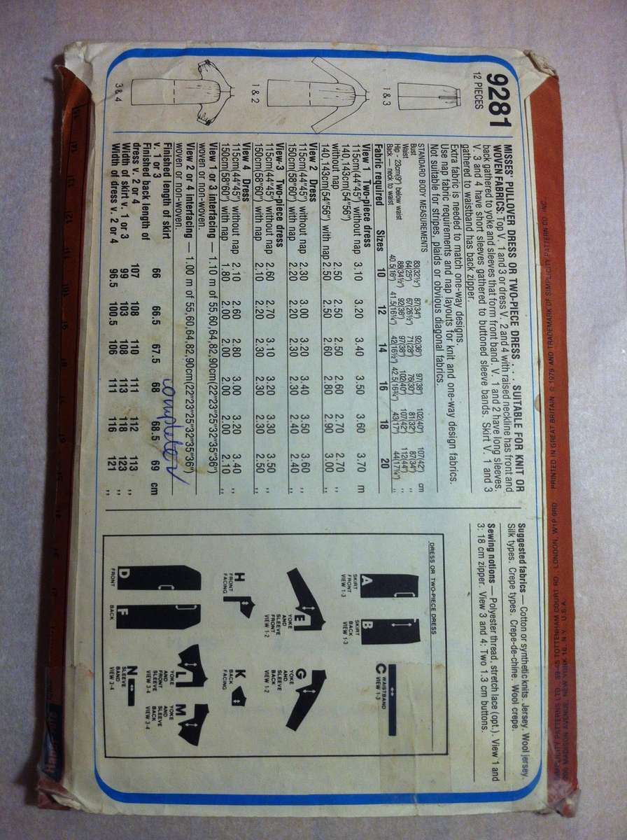 Simplicity 9281 Pullover Dress or 2 Piece Dress. Size 14. Complete