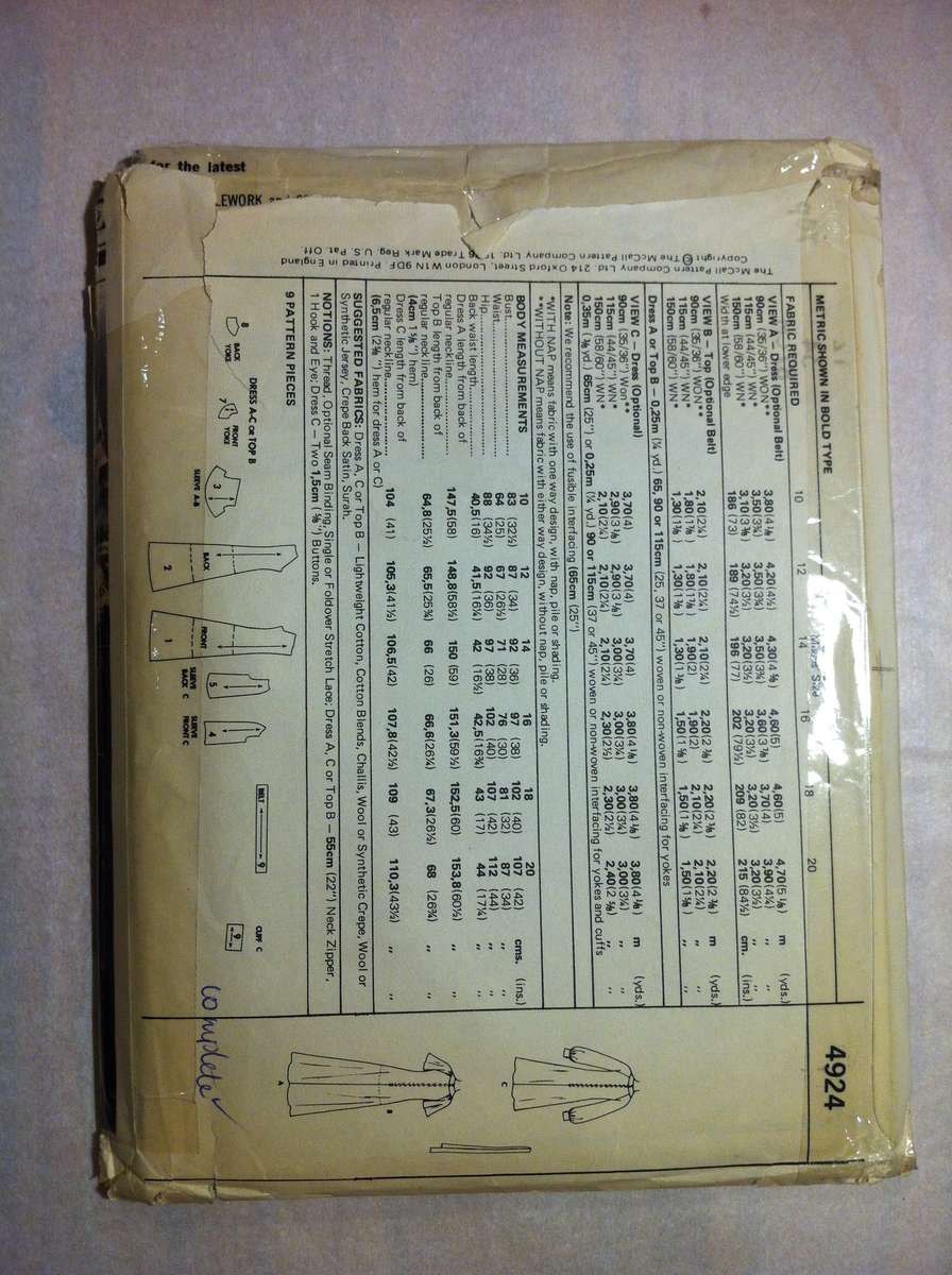 McCalls 4924 Dress or Top. Size 12. A /Dress Front and B/Dress Back Shortened. Complete