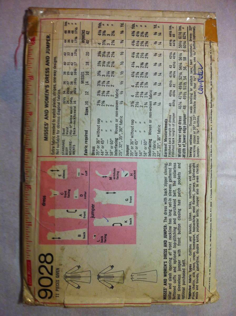 Simplicity 9028 Dress and Jumper. Size 12. Complete