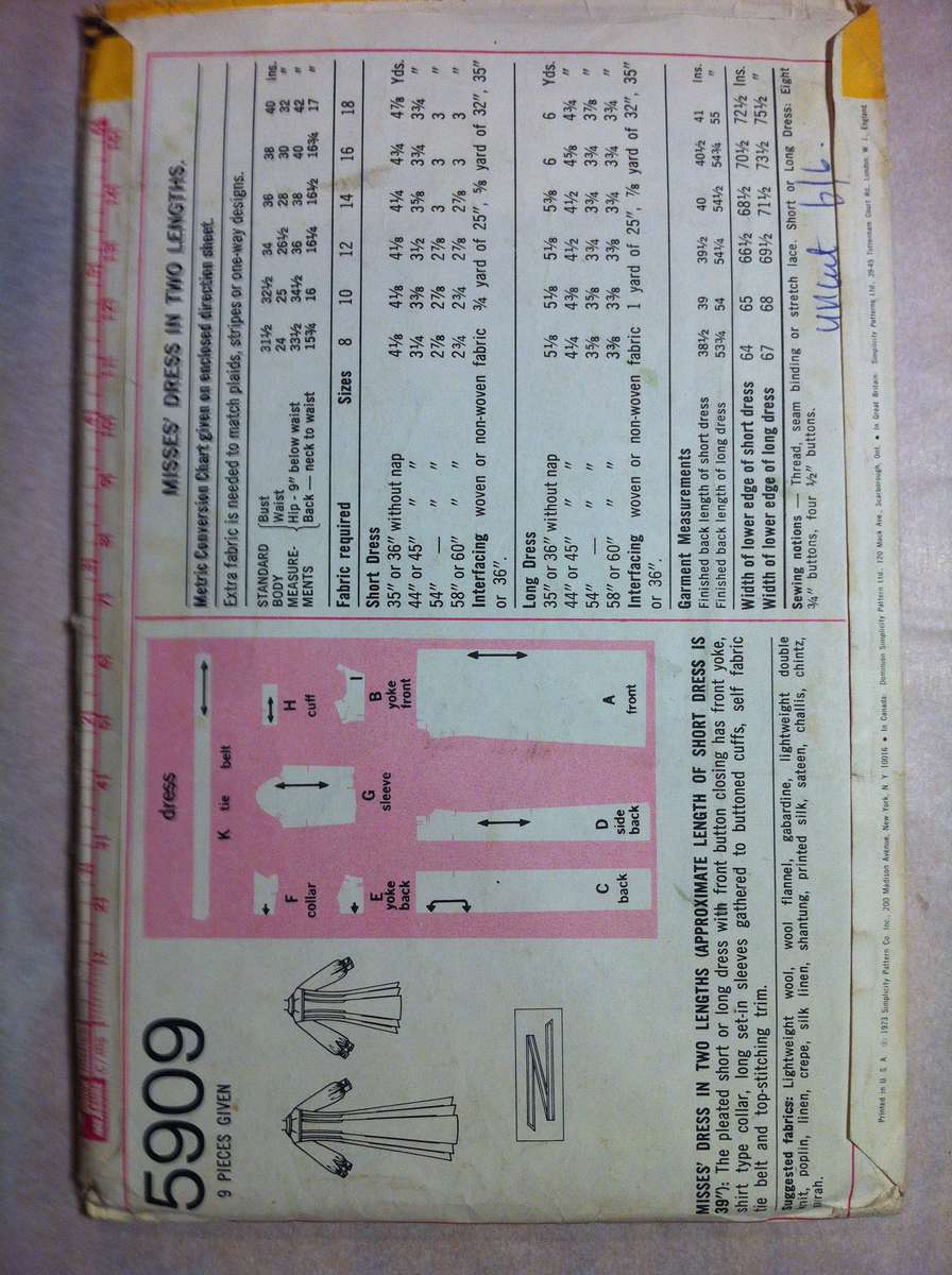 Simplicity 5909 Dress. Size 10. Complete Uncut F/F