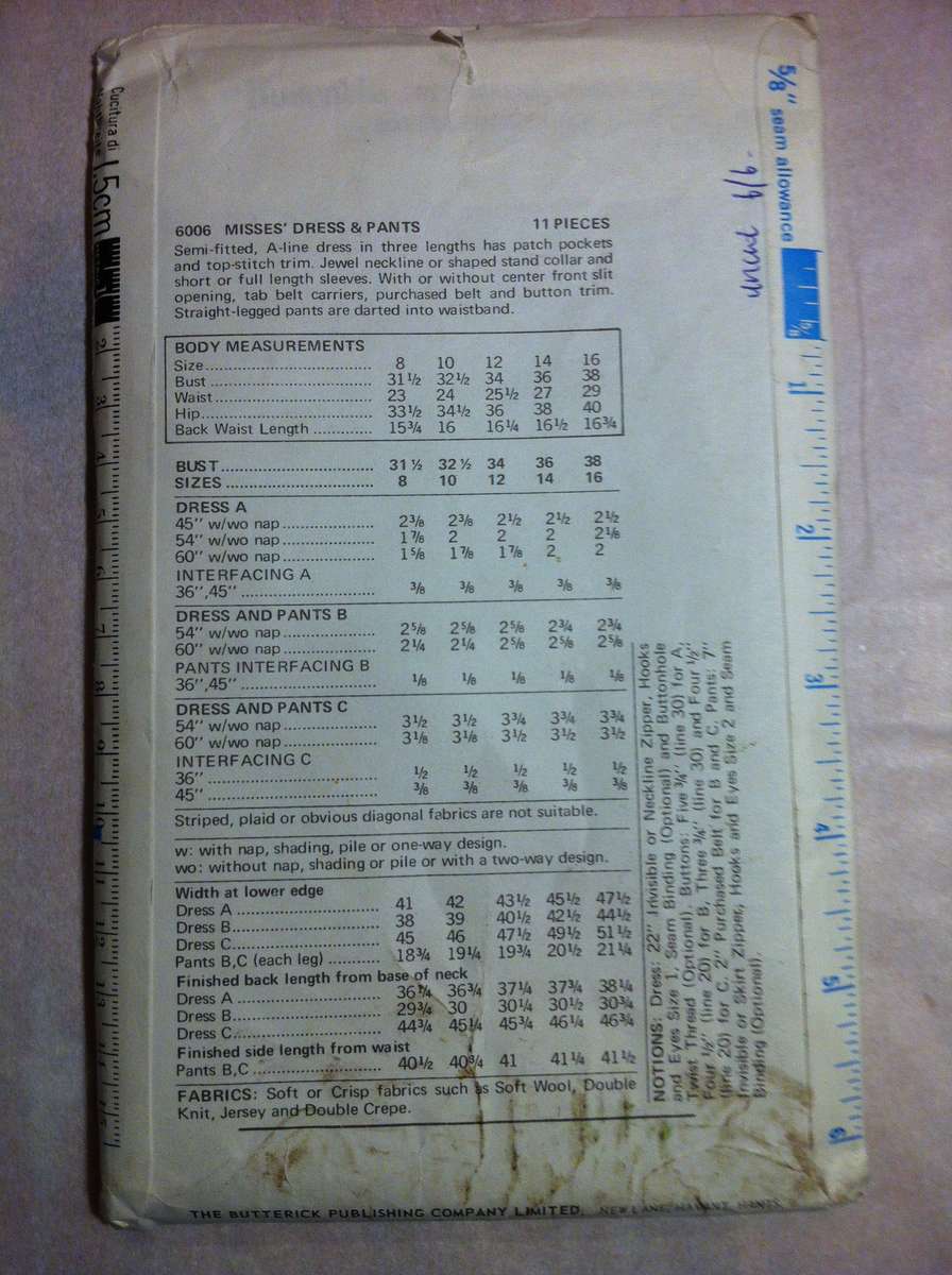 Butterick 6006 Dress & Pants. Size 12. Complete Uncut F/F