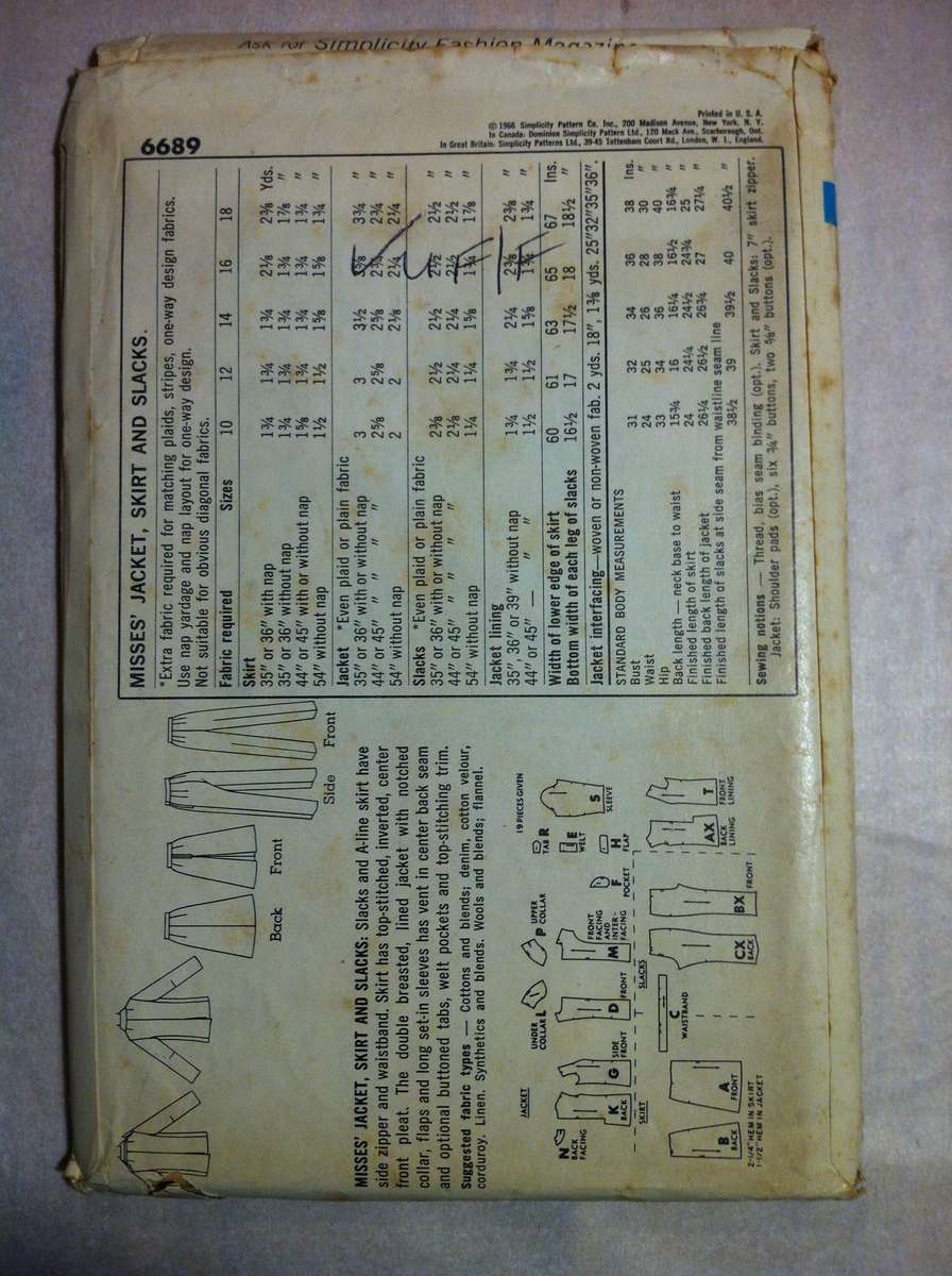 Simplicity 6689 Jacket, Skirt & Slacks. Size 12. Complete Uncut F/F