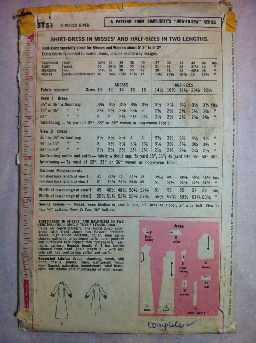 5151 Simplicity Shirt Dress. Size 16. Complete