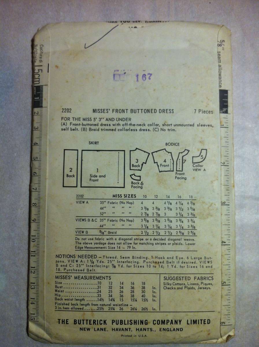 Butterick 2202 Front Buttoned Dress. Size 16. Complete