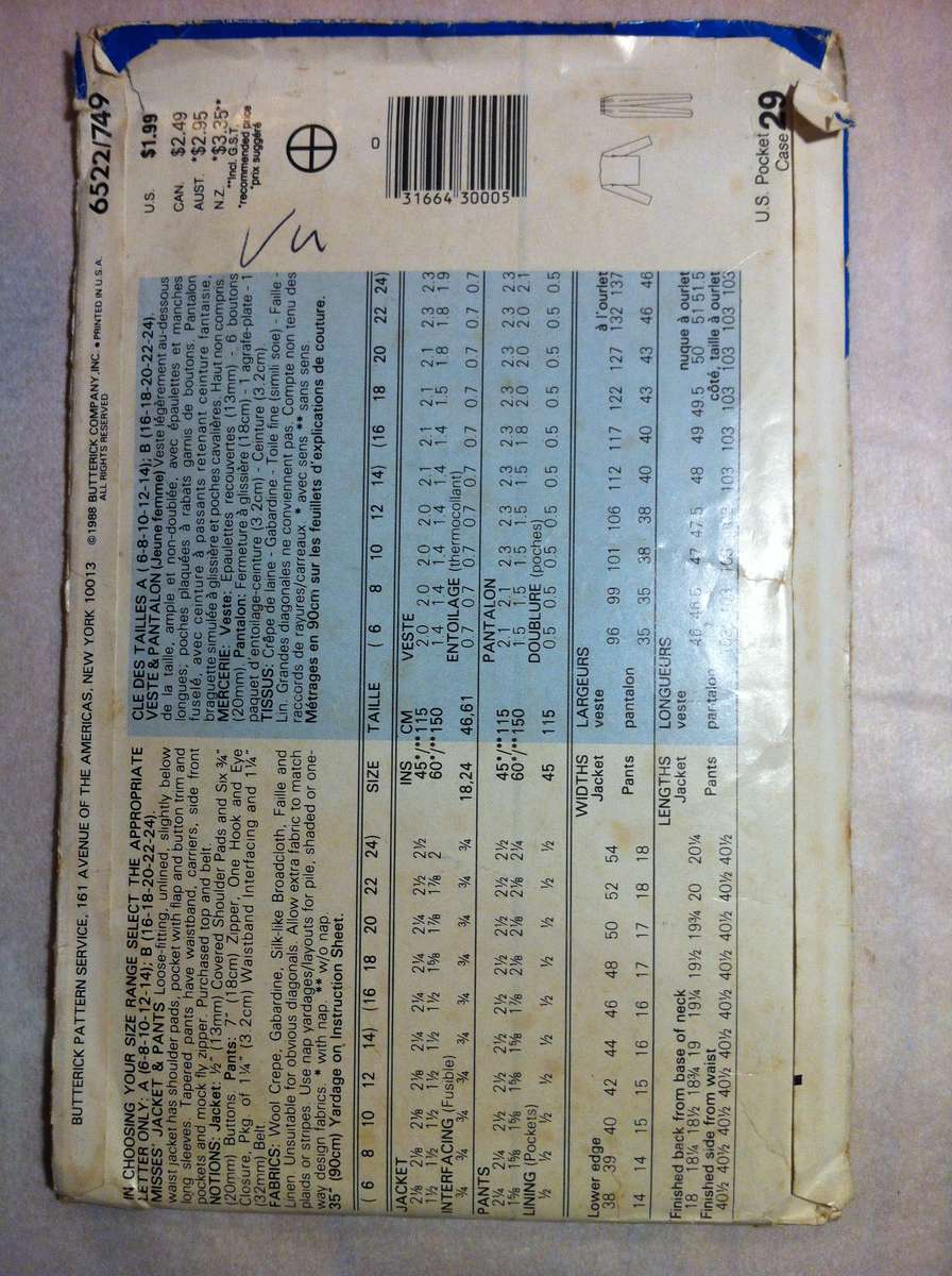 See & Sew 6522 Jacket & Pants. Size 6-12. Complete Uncut F/F