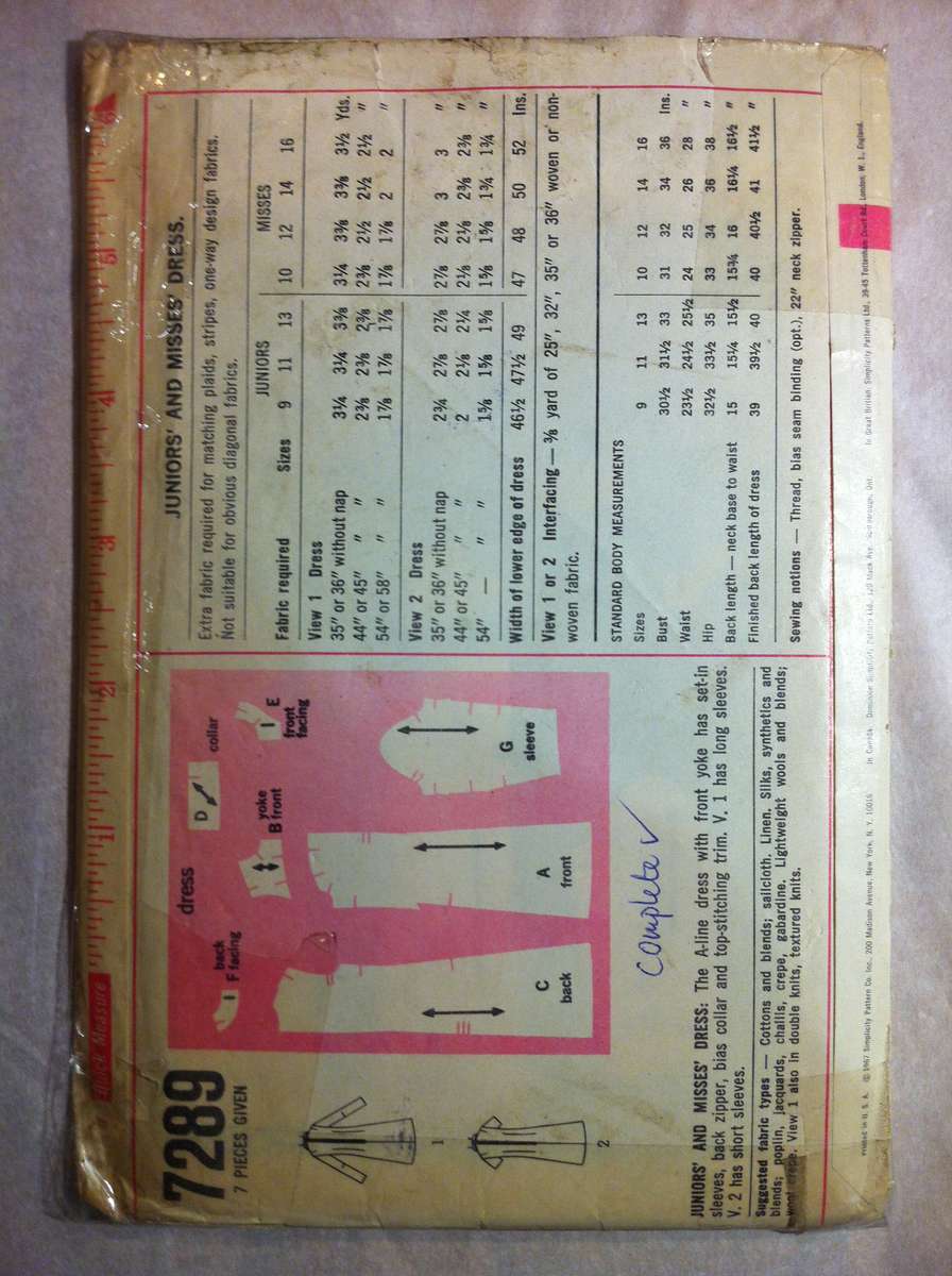 Simplicity 7289 A Line Dress. Size 14. Complete