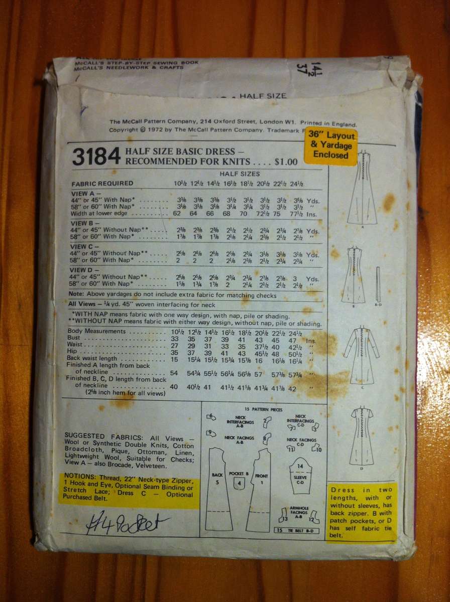 McCalls 3184 Basic Dress for Knits. Size 14,5. Missing 4/Pocket