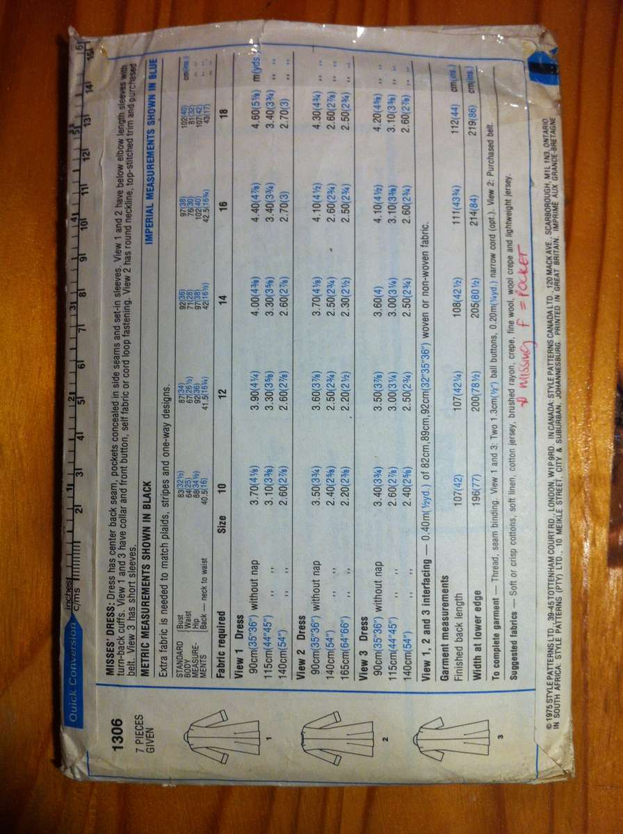 Style 1306 Misses Dress. Size 14. Missing D/Pocket