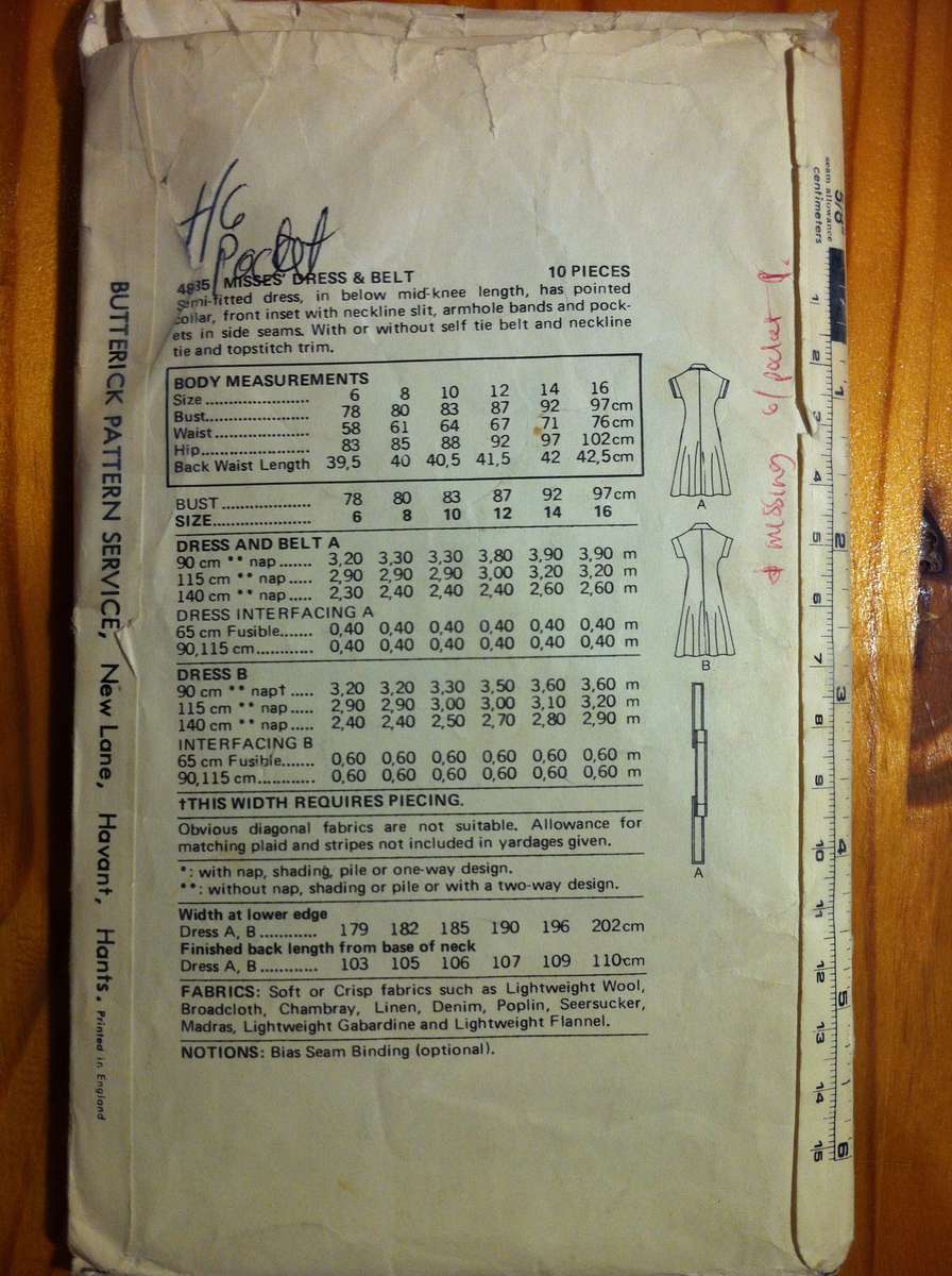 Butterick 4835 Dress and Belt. Size 10. Missing 6/Pocket.