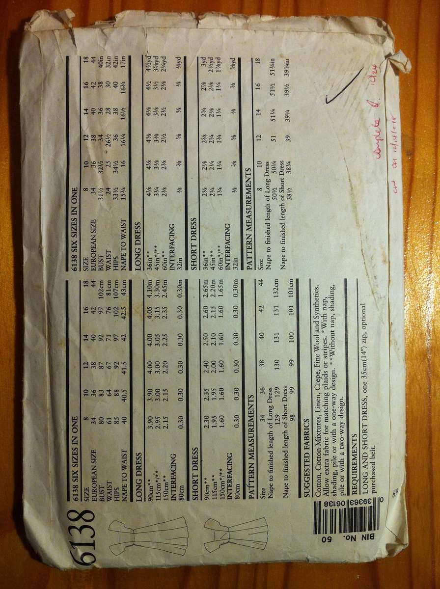 New Look 6138 Long and Short Dress. Cut on 12,14 & 16. Complete