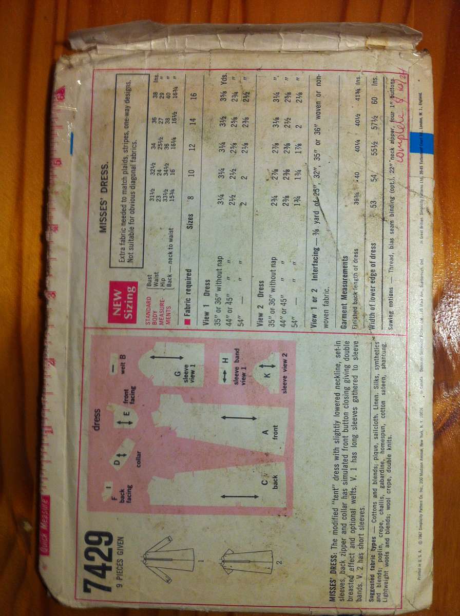Simplicity 7429 Tent Dress. Size 12. Complete
