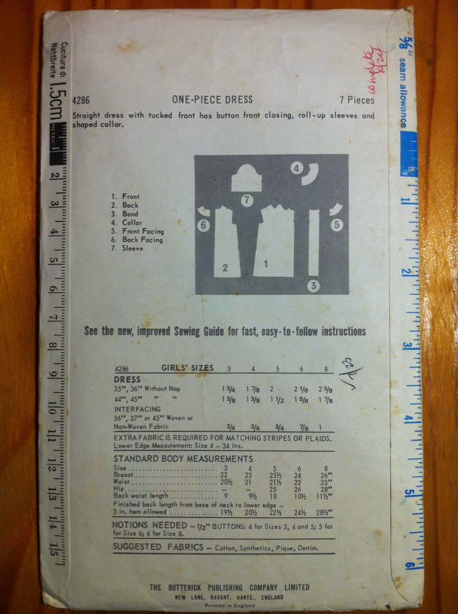 Butterick 4286 One Piece Dress. Size 3 / Chest 56 cm. Complete