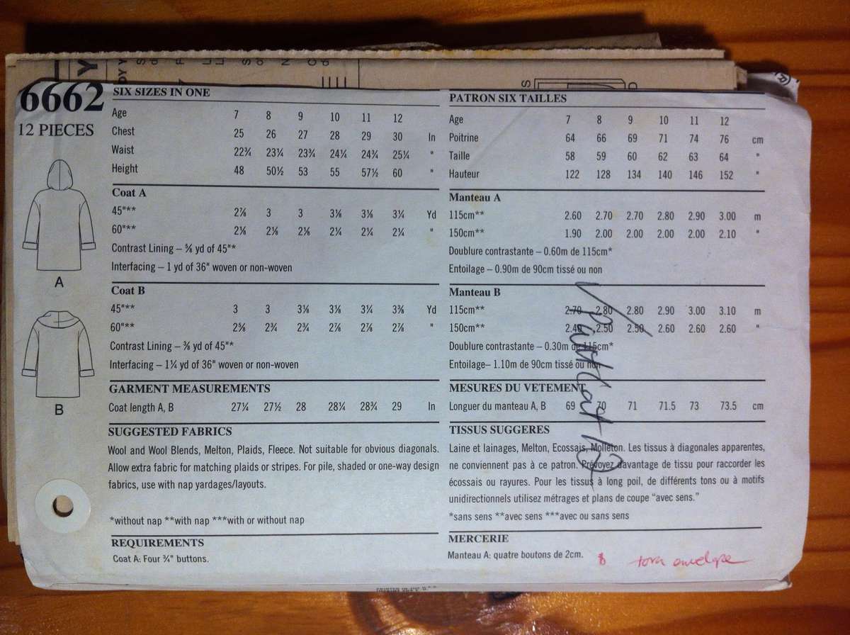 New Look 6662 Girls Coats. Girls Size 7-12. Cut on 12. Complete