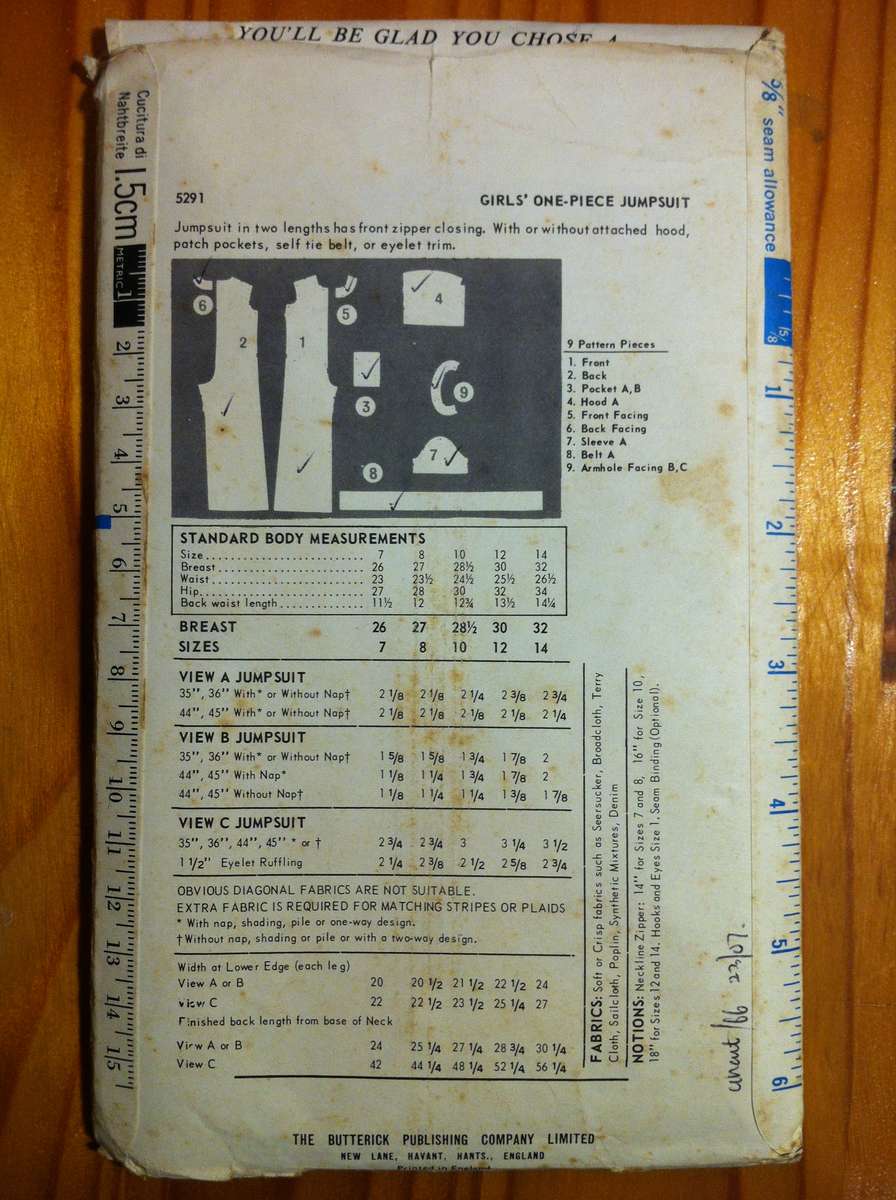 Butterick 5291 Girls 1 Piece Jumpsuit. Size 7 / Chest 66cm. Complete Uncut F/F