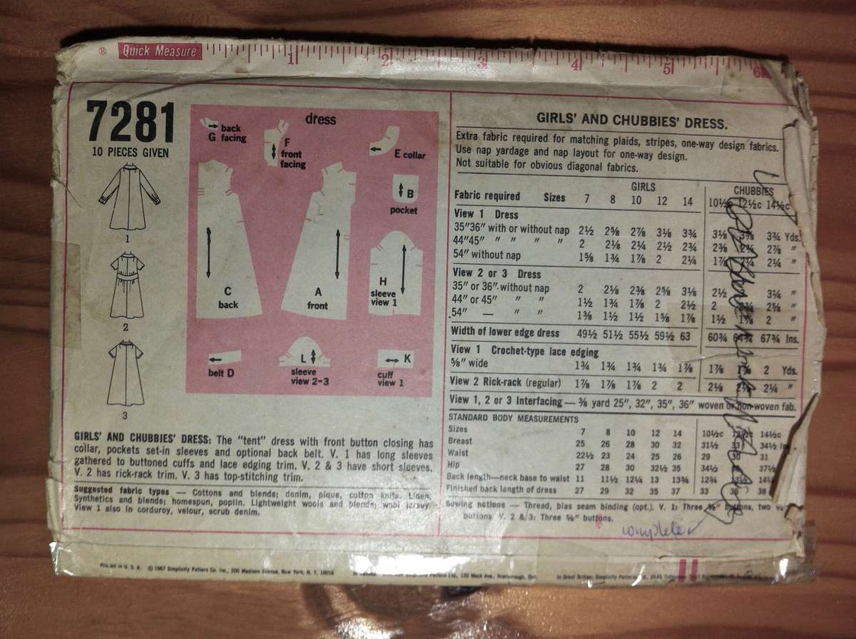 Simplicity 7281 Girls Tent Dress. Size 7 / 62 cm Chest. Complete