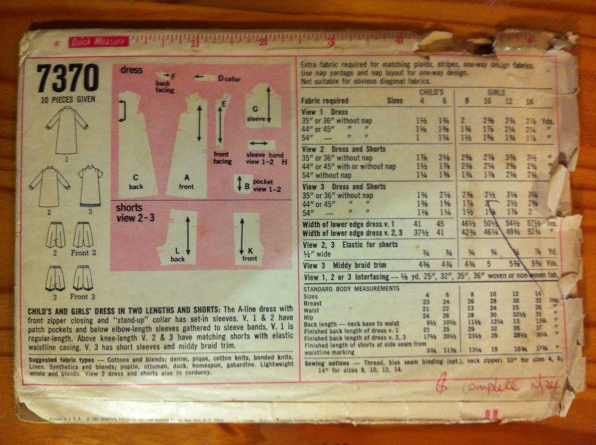 Simplicity 7370 Childs Dress and Shorts. Size 6. Complete