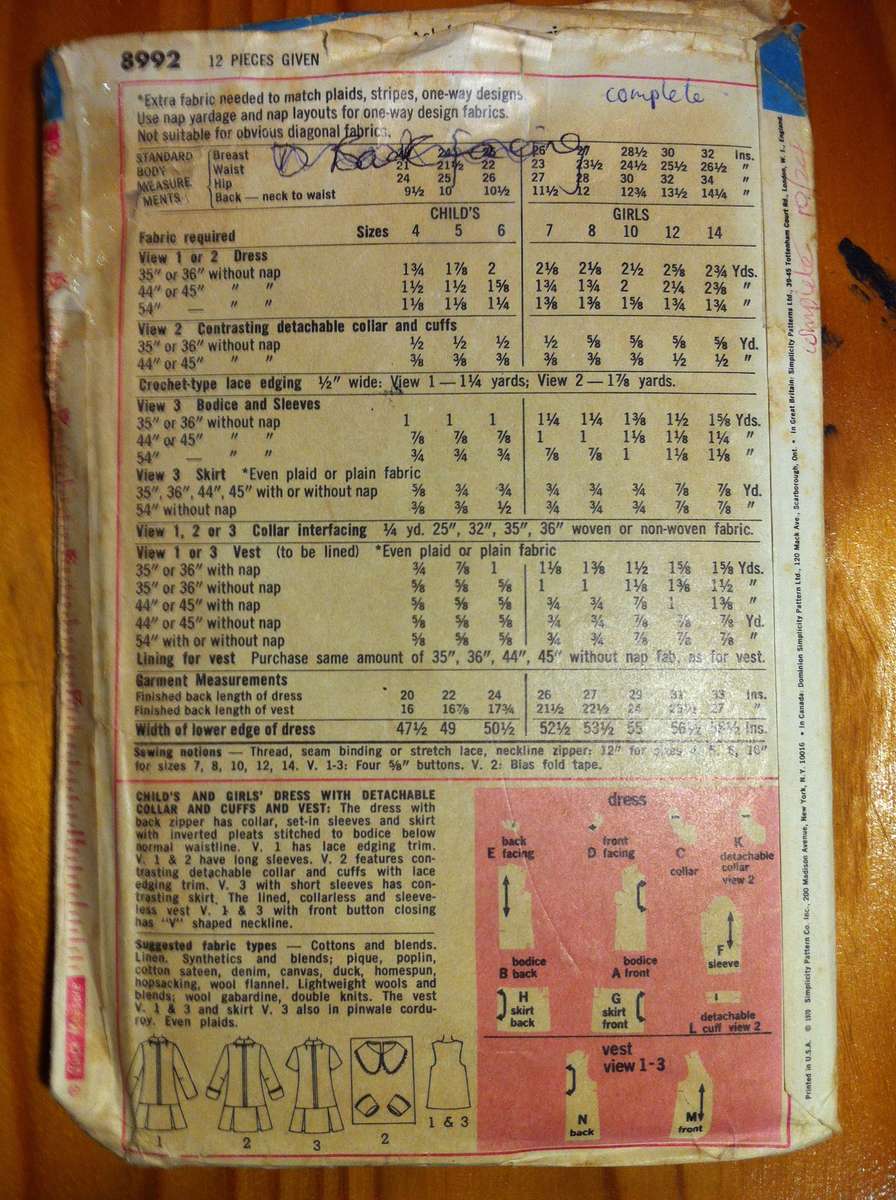 Simplicity 8992 Dress with Detachable Collar & Cuffs, Vest. Girls Size 10. Complete