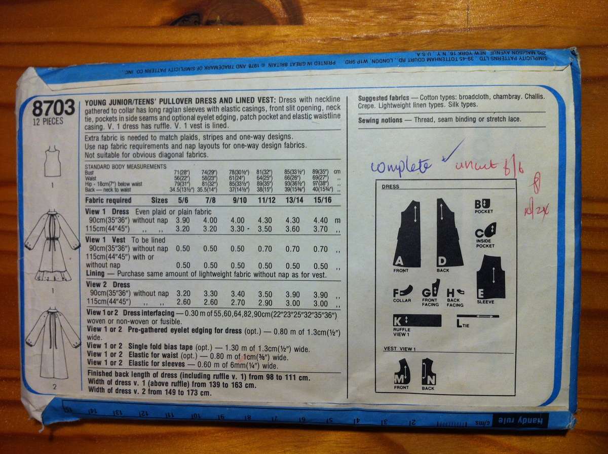 Simplicity 8703 Pullover Dress and Lined Vest. Teen size 13/14 and 15/16. Complete. Uncut F/F