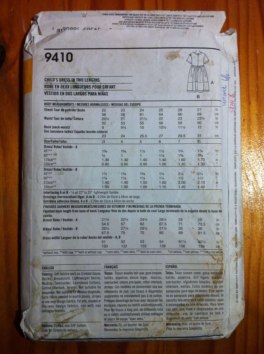 Simplicity 9410 Childs Dress in 2 Lengths. Size 3-8. Complete. Uncut F/F