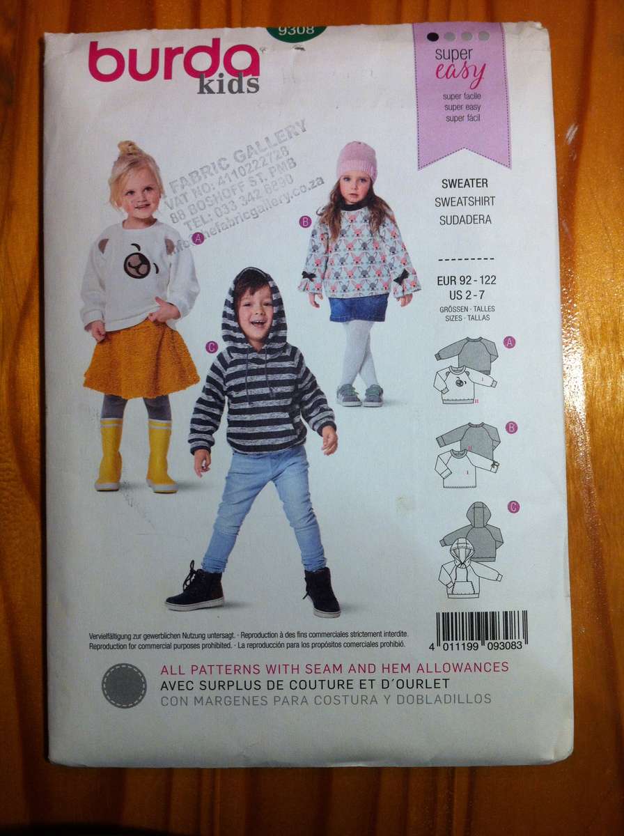 Burda 9308 Kids Sweater. US Size 2-7. Complete. Uncut F/F , But Used.