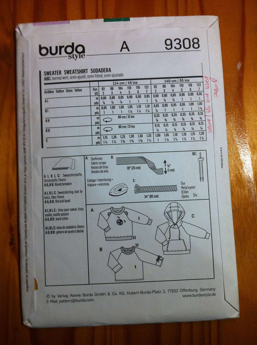 Burda 9308 Kids Sweater. US Size 2-7. Complete. Uncut F/F , But Used.