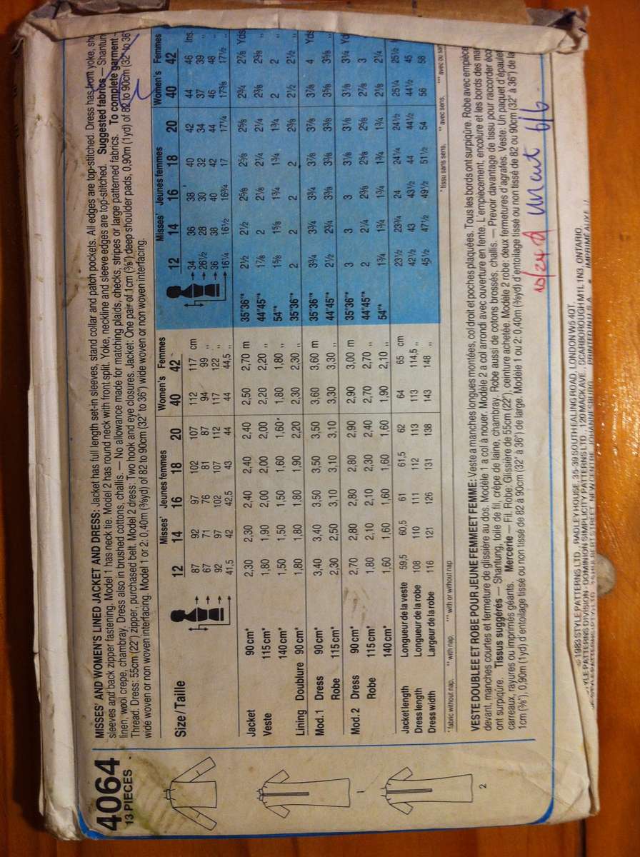 Style 4064 Women's Lined Jacket and Dress. Size 16. Complete. Uncut F/F