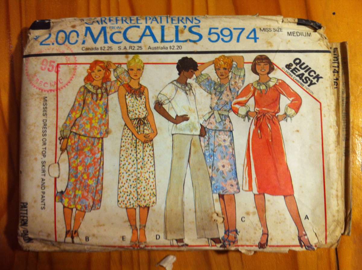McCalls 5974 Dress or Top, Skirt and Pants. Size Med. Missing 5 + 6 / Front and Back Armhole Facings