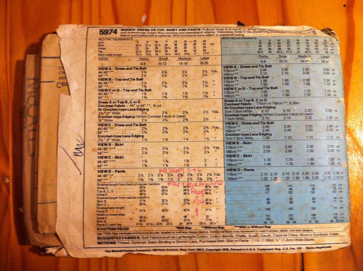 McCalls 5974 Dress or Top, Skirt and Pants. Size Med. Missing 5 + 6 / Front and Back Armhole Facings