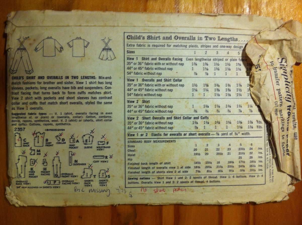 Simplicity 2357 Childs Overalls. Size 5. No Shirt Pattern.