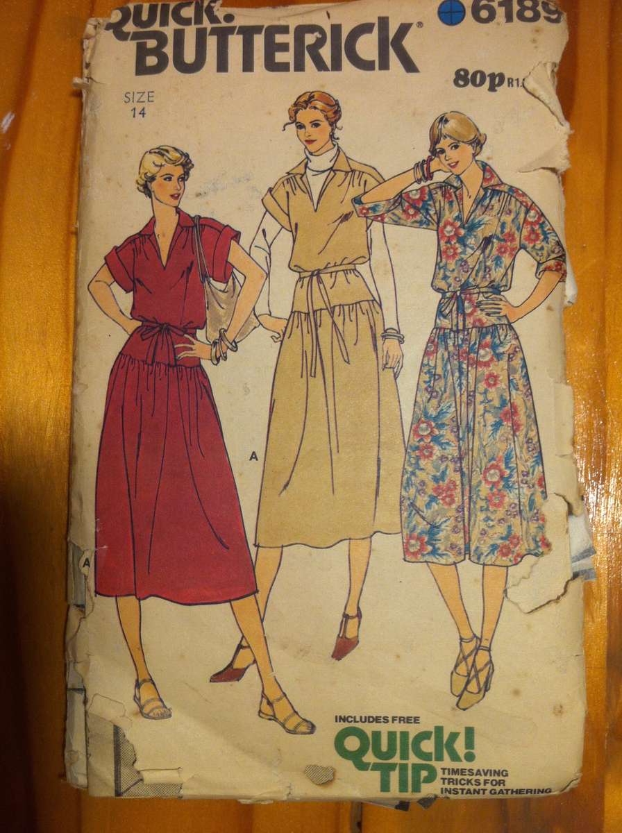 Butterick 6189 Dress with Shoulder Yoke. Size 14. Complete. Torn /  Worn Envelope