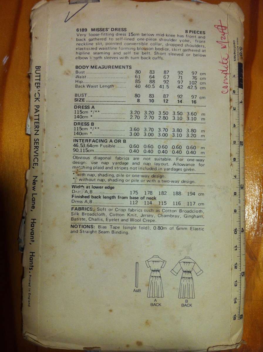 Butterick 6189 Dress with Shoulder Yoke. Size 14. Complete. Torn /  Worn Envelope