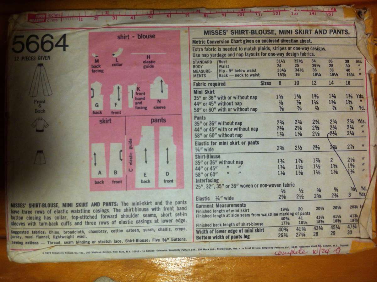 Simplicity 5664 Misses' Shirt Blouse, Mini Skirt and Pants. Size 12. Complete