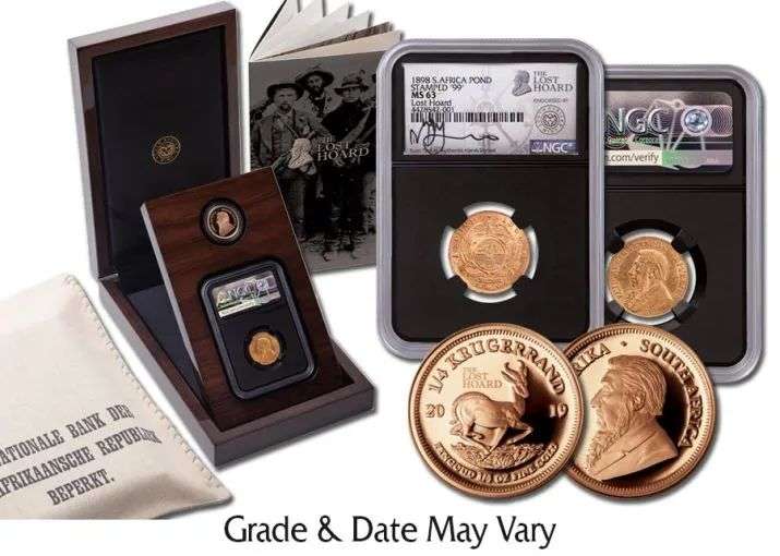*Still Sealed" 1898 South Africa Gold 1 Pond and 1/4-oz Gold Krugerrand Lost Hoard 2-pc Set NGC F12