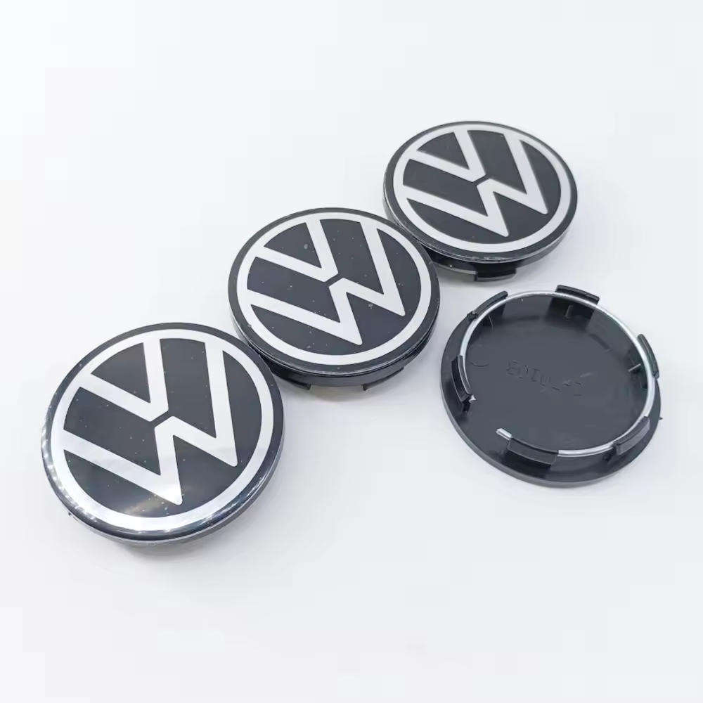 4x 50/45mm Chrome / Black Plastic Wheel Centre Cap for VW (NEW VW LOGO)