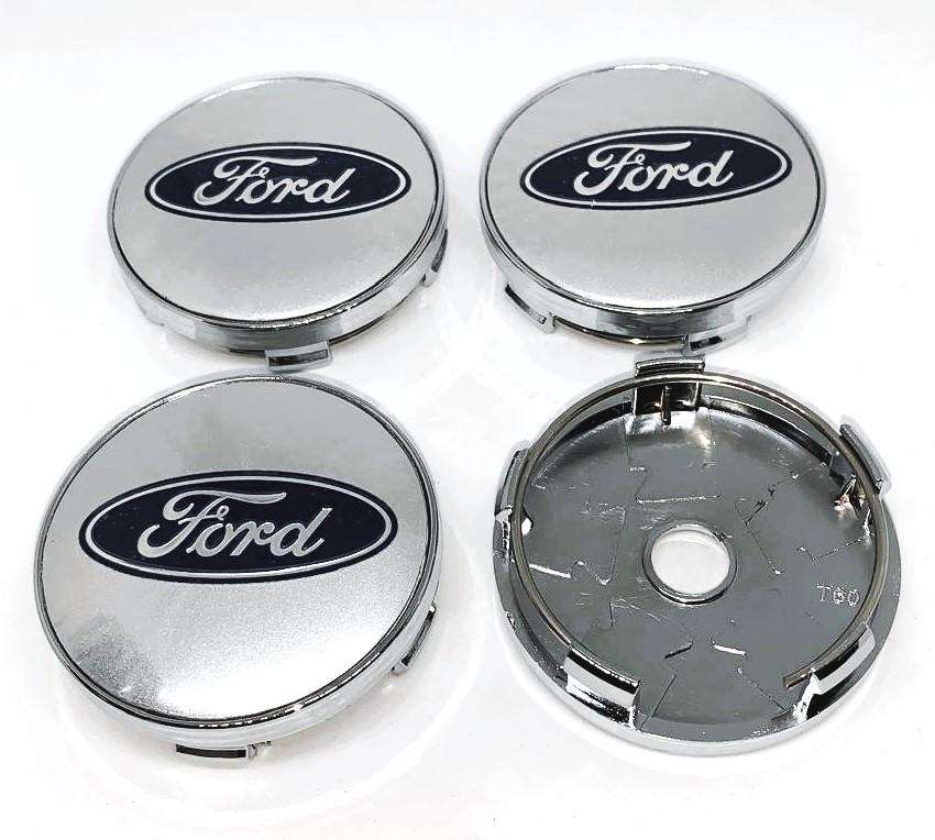 4x WHEEL CENTRE CAPS 60mm / 56mm for FORD (BLUE, CHROME)
